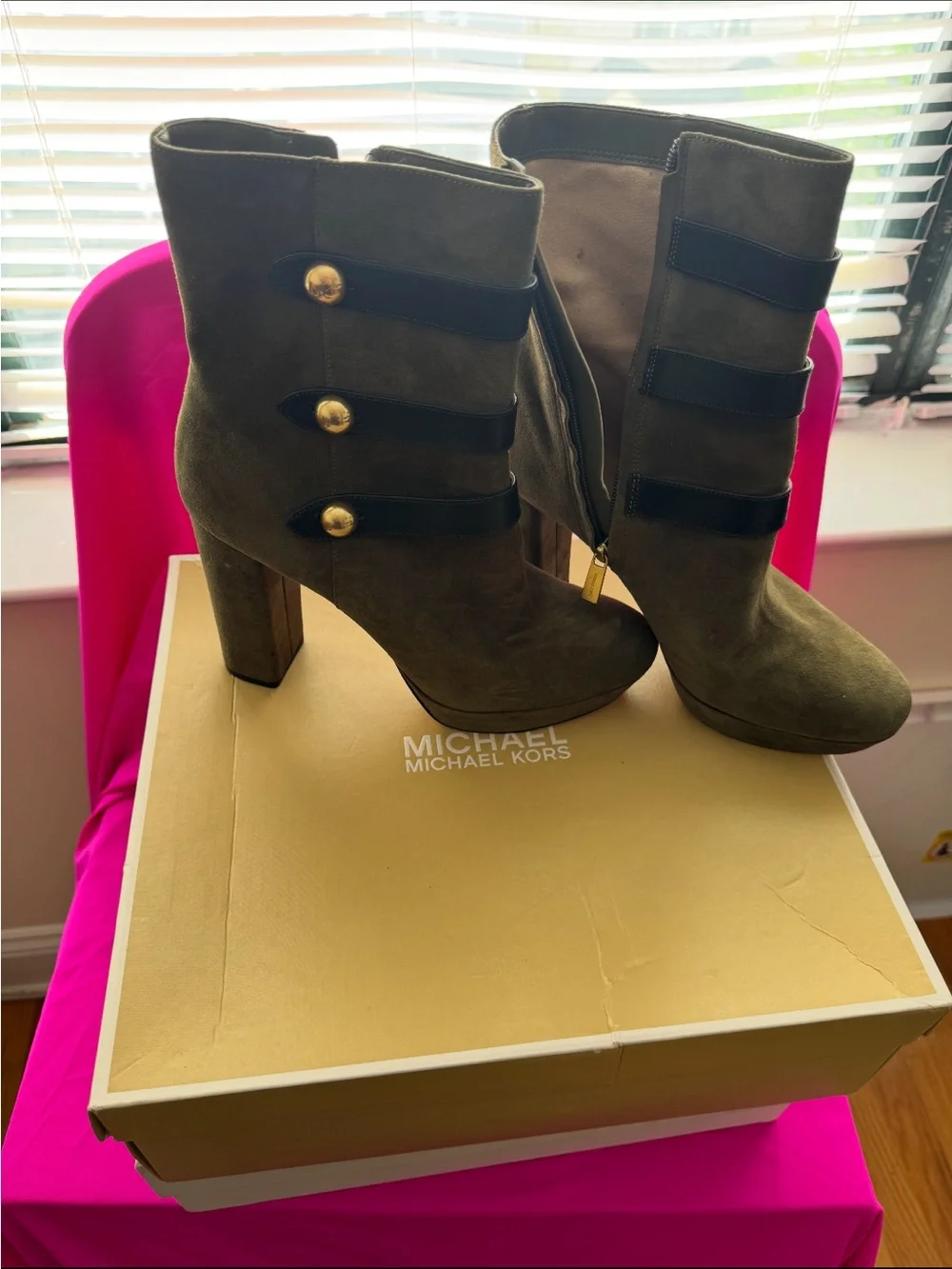 Michael Kors Olive Suede Platform Ankle Boots with Black Straps